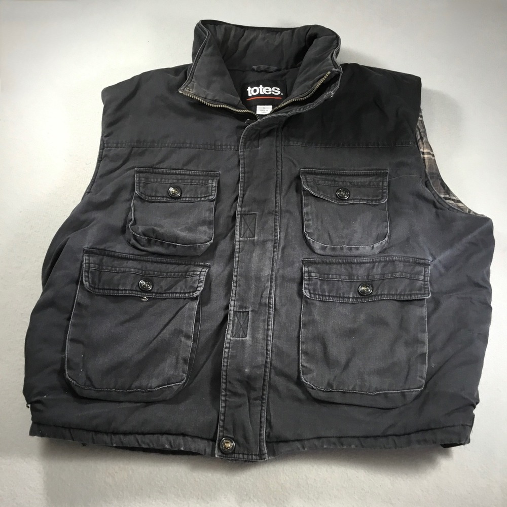 Totes Mens Utility Vest Black Cotton Canvas Plaid Lined Cargo Pockets XL
